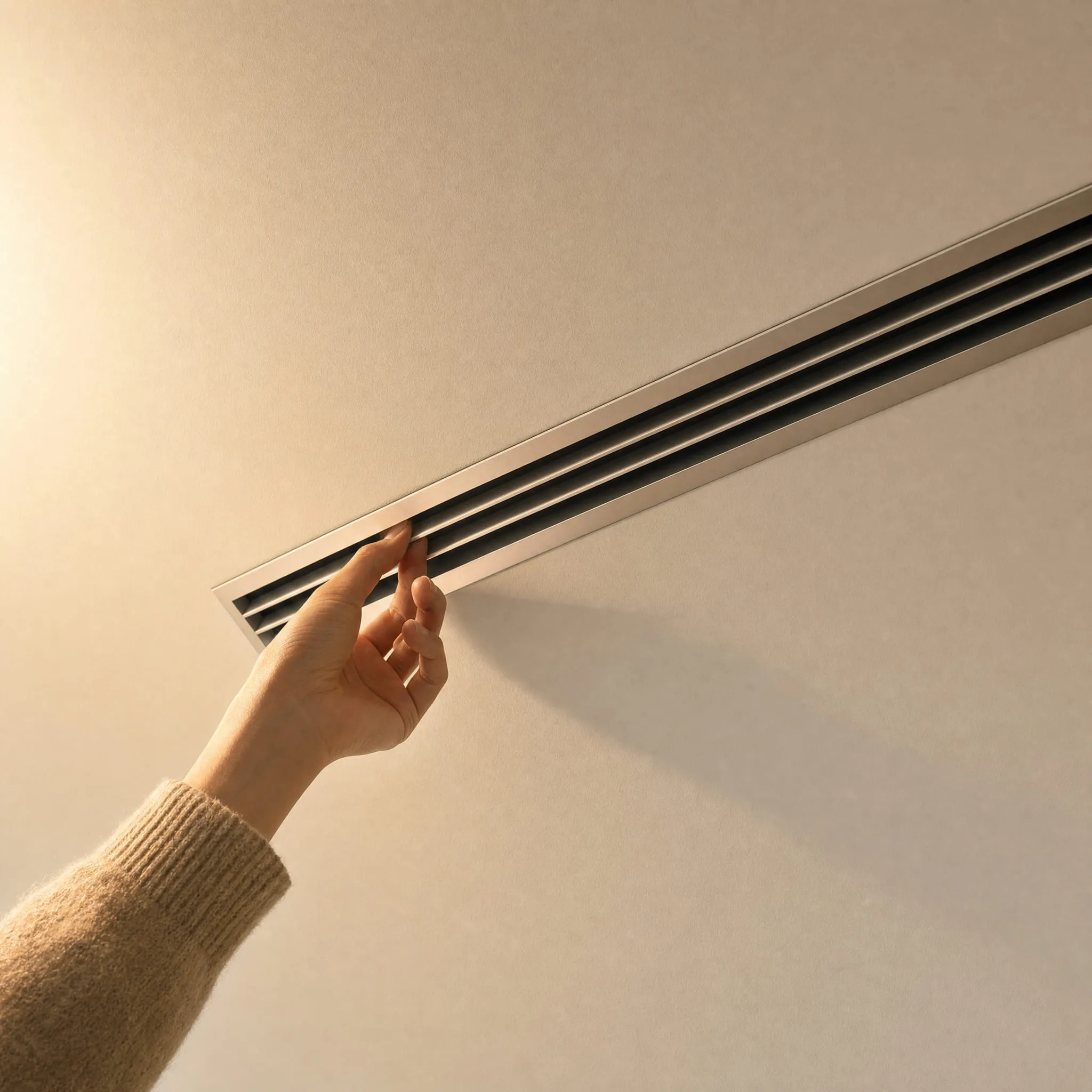 A hand held to a slim linear air diffuser recessed into a plaster wall.